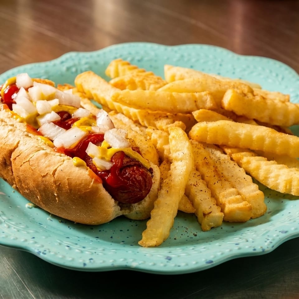 Hot dog with ketchup, mustard, and onions, served with crinkle-cut fries on a blue plate.
