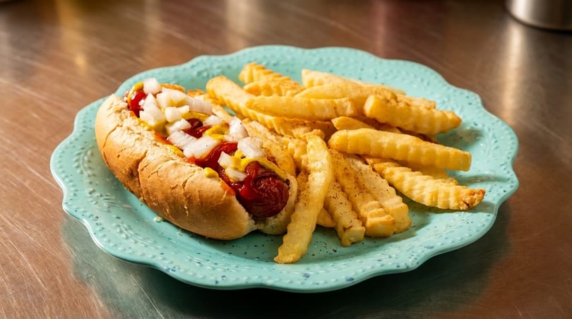 Hot dog with ketchup, mustard, and onions, served with crinkle-cut fries on a blue plate.