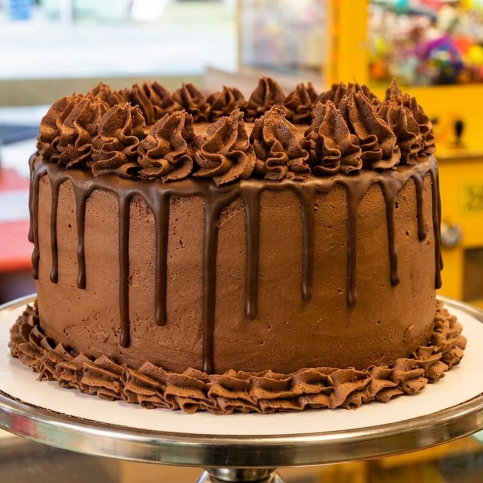 Large chocolate cake with piped frosting, chocolate ganache drizzle, and ruffled base.