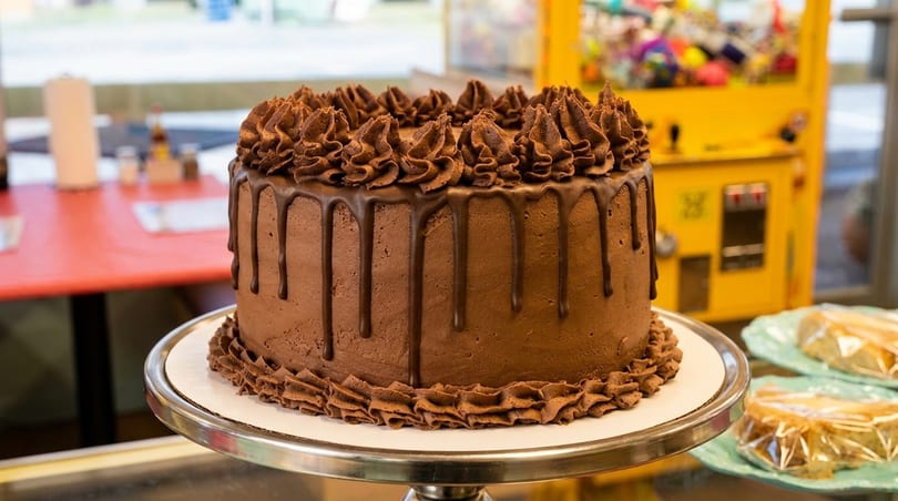 Large chocolate cake with piped frosting, chocolate ganache drizzle, and ruffled base.