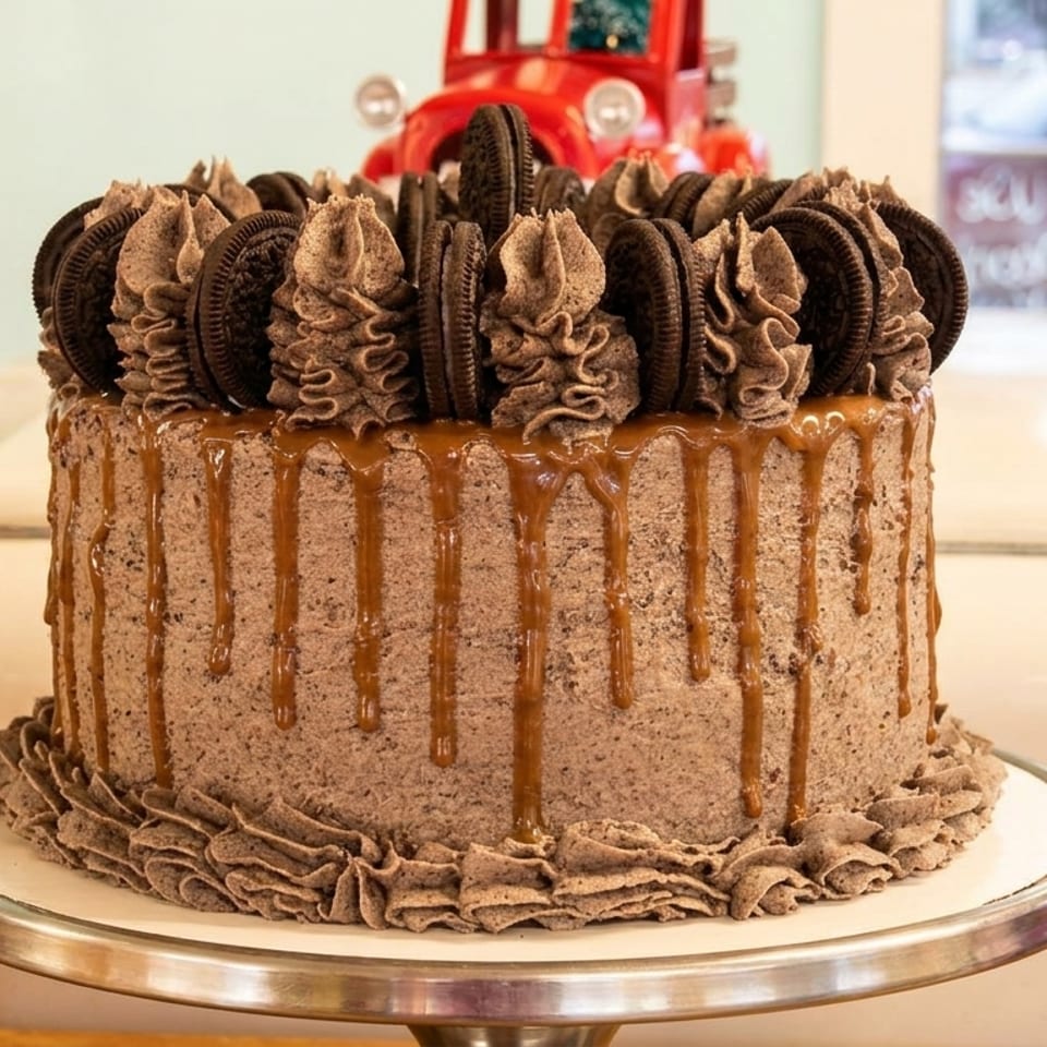 Chocolate cake with caramel drip, topped with Oreo cookies and chocolate frosting swirls on a stand.