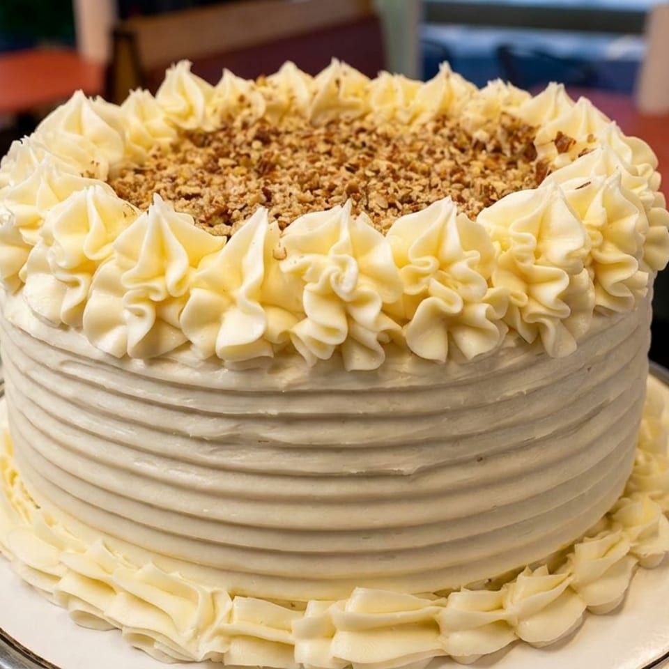 White frosted cake with ridged sides, piped border, and chopped nuts on a festive tablecloth.