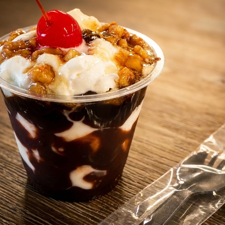 Chocolate sundae with whipped cream, nuts, and a cherry in a cup on a wooden table with wrapped cutlery.