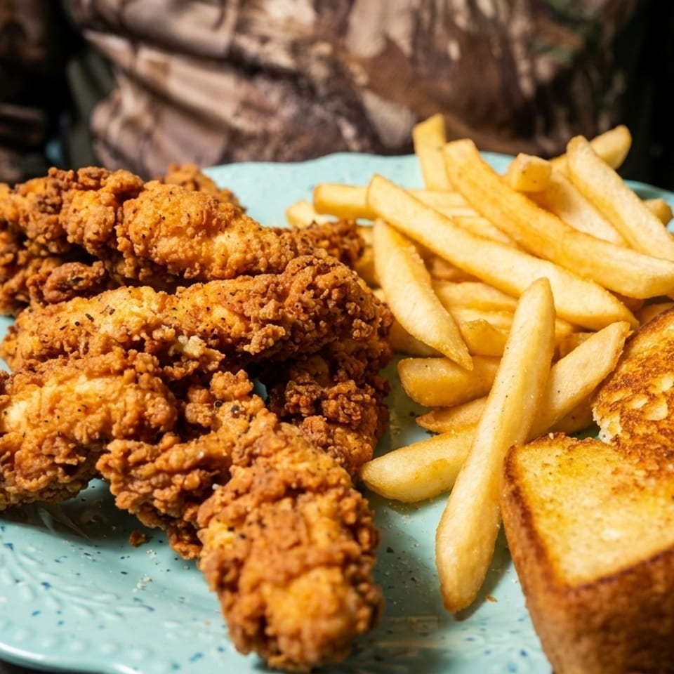 Crispy fried chicken tenders, golden french fries, and Texas toast on a scalloped blue plate.
