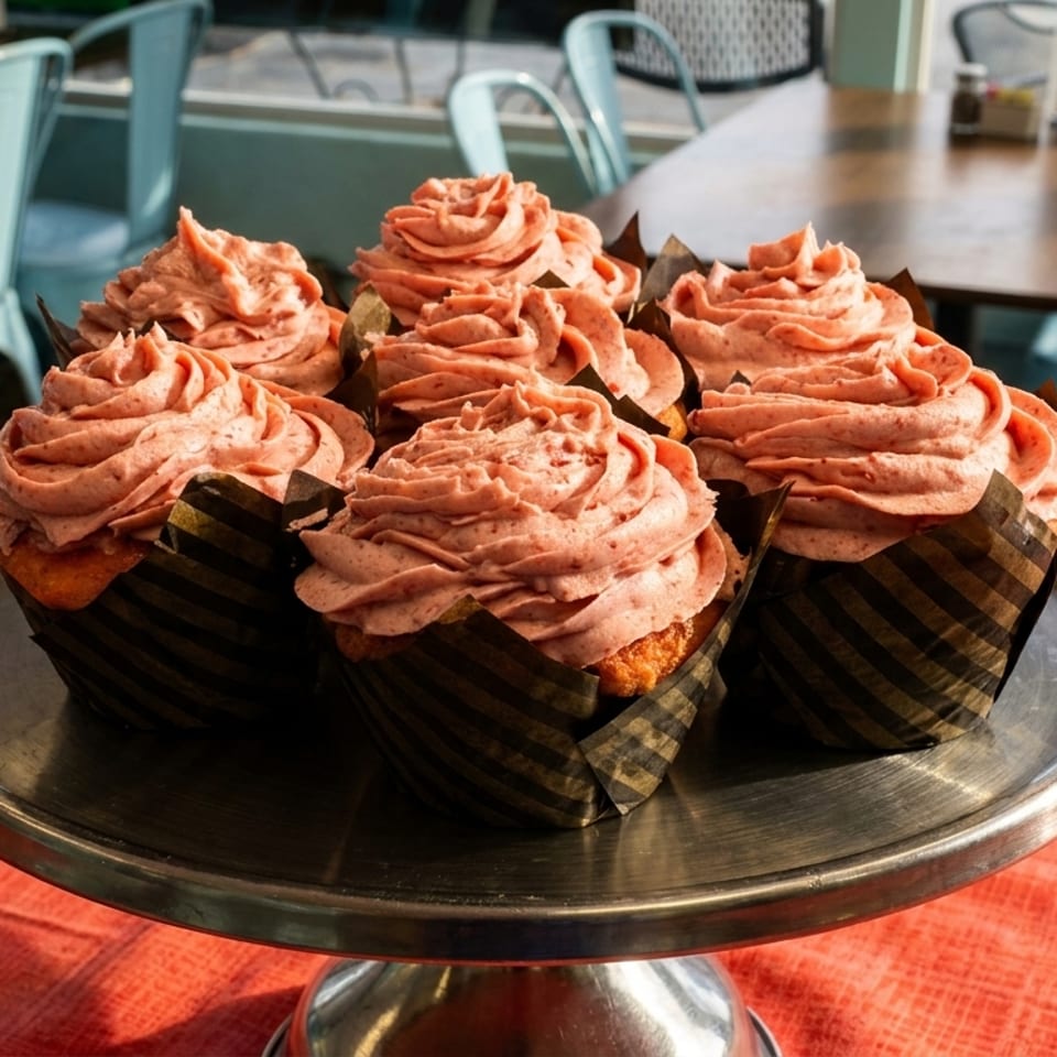 Seven pink-frosted cupcakes on a silver stand in a restaurant with light blue chairs.